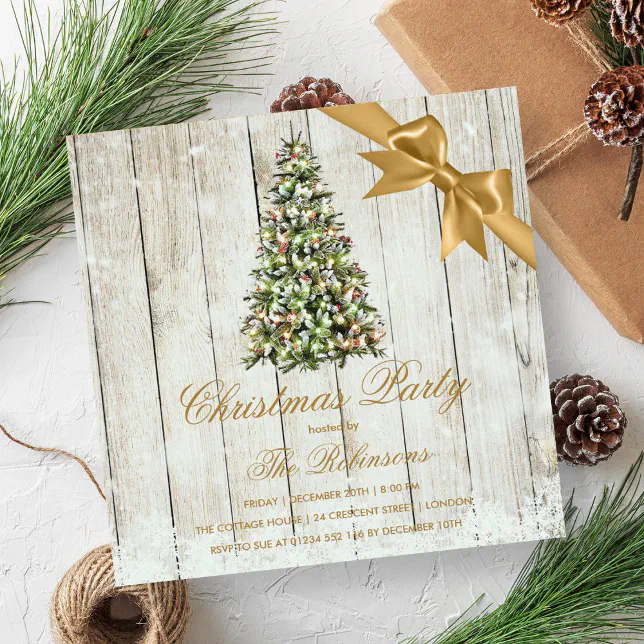 Christmas Party | Rustic Tree & Gold Ribbon Invitation | Zazzle