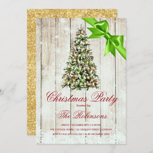 Christmas Party  Rustic Tree  Green Ribbon  Invitation