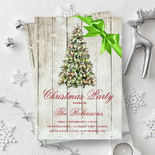 Christmas Party Rustic Tree & Green Ribbon Invitation