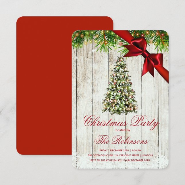 Christmas Party | Rustic Tree Lights | Red Ribbon  Invitation (Front/Back)