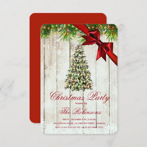 Christmas Party  Rustic Tree Lights  Red Ribbon  Invitation