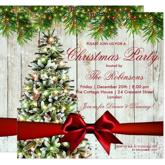 Christmas Party | Rustic Tree, Lights & Red Ribbon Invitation | Zazzle.com