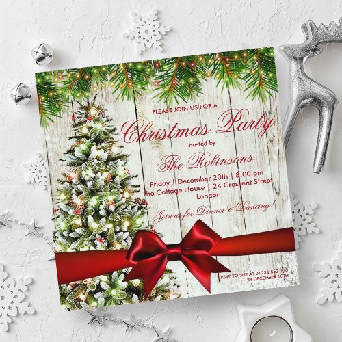 Christmas Party  Rustic Tree Lights  Red Ribbon Invitation