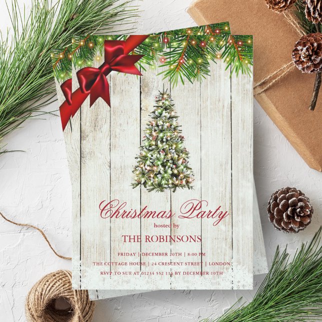 Christmas Party | Rustic Tree & Red Ribbon  Invitation (Christmas Party | Rustic Tree & Red Ribbon Invitation)
