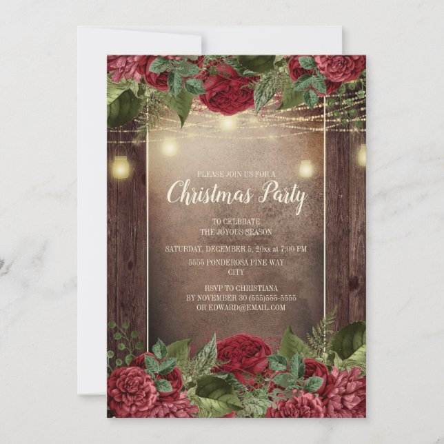 Christmas Party Rustic Wood Burgundy Floral String Invitation (Front)