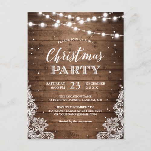 Christmas Party Rustic Wood String Lights Lace Postcard