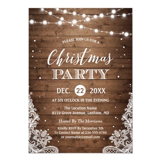 Christmas Party | Rustic Wood Twinkle Lights Lace Invitation | Zazzle.com