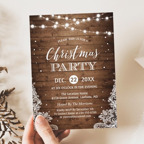 Christmas Party  Rustic Wood Twinkle Lights Lace Invitation