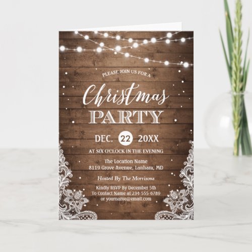 Christmas Party  Rustic Wood Twinkle Lights Lace Invitation