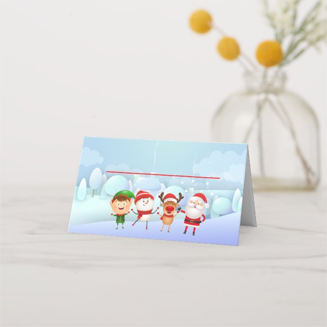 Christmas Party Santa Claus, Rudolph Snowman Elf Place Card (Front)