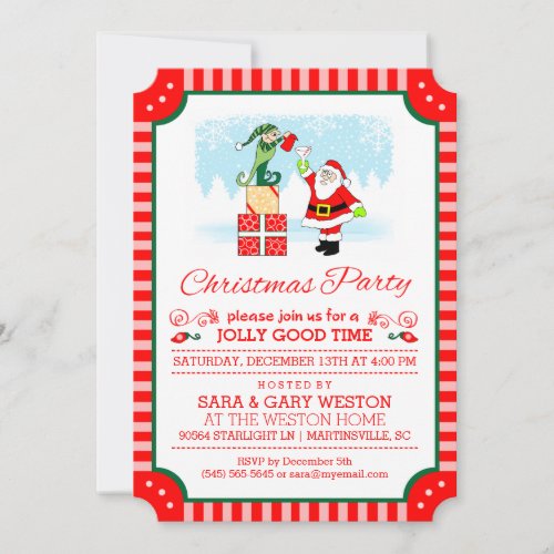 Christmas Party Santa Drinking with Elf Invitation