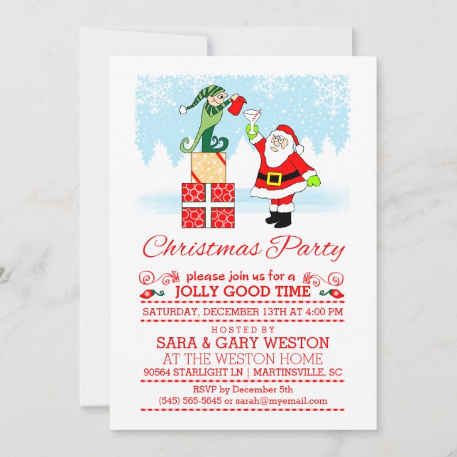 Christmas Party Santa Drinking with Elf Invitation (Front)