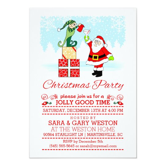 Christmas Party Santa Drinking with Elf Invitation | Zazzle.com