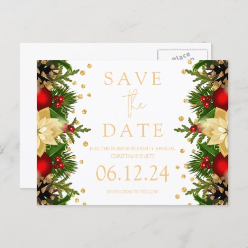 Christmas Party Save The Date Gold Floral  Announcement Postcard