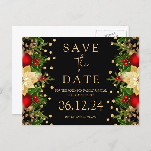 Christmas Party Save The Date Gold Floral Black Announcement Postcard