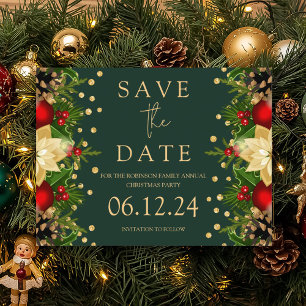 Christmas Party Save The Date Gold Floral Green Announcement Postcard