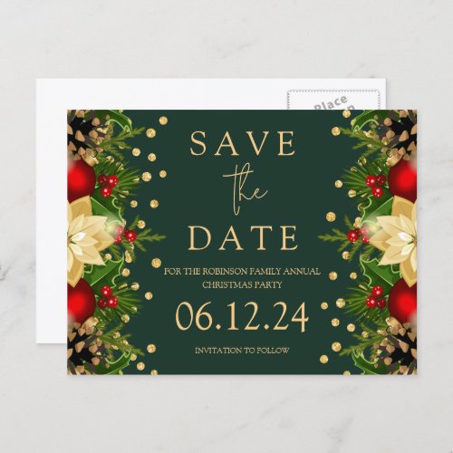 Christmas Party Save The Date Gold Floral Green  Announcement Postcard