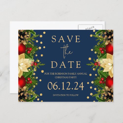 Christmas Party Save The Date Gold Floral Navy  Announcement Postcard
