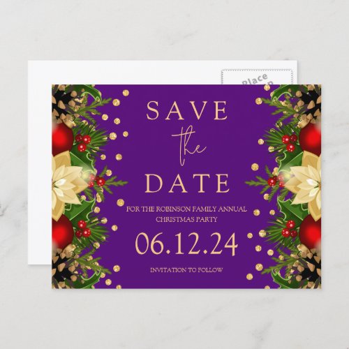 Christmas Party Save The Date Gold Floral Purple  Announcement Postcard