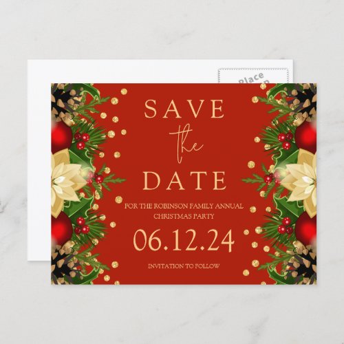 Christmas Party Save The Date Gold Floral Red  Announcement Postcard