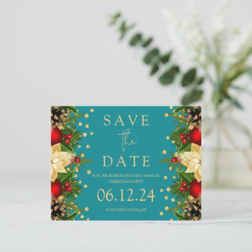 Christmas Party Save The Date Gold Floral Teal  Announcement Postcard