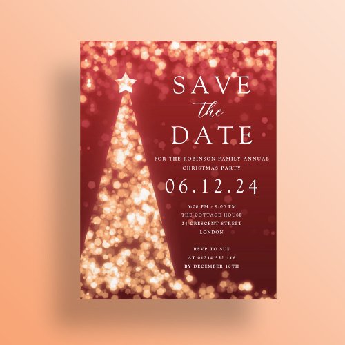 Christmas Party Save The Date Gold Tree Glam Red Announcement Postcard
