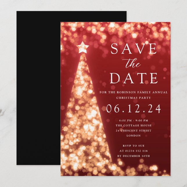 Christmas Party Save The Date Gold Tree Glam Red Invitation (Front/Back)
