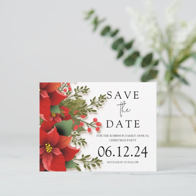 Christmas Party Save The Date Poinsettia  Announcement Postcard (Standing Front)