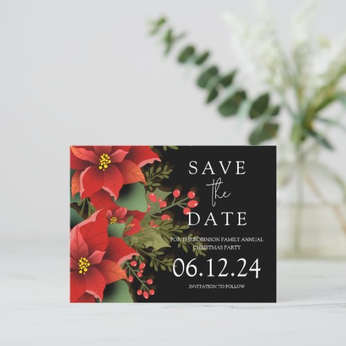 Christmas Party Save The Date Poinsettia Black Announcement Postcard