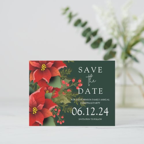 Christmas Party Save The Date Poinsettia Green  Announcement Postcard