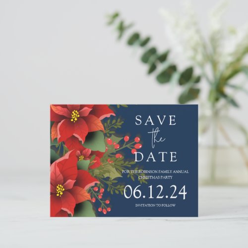 Christmas Party Save The Date Poinsettia Navy  Announcement Postcard