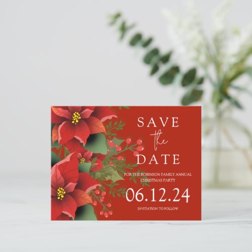 Christmas Party Save The Date Poinsettia Red  Announcement Postcard