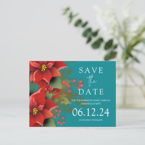 Christmas Party Save The Date Poinsettia Teal  Announcement Postcard