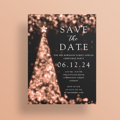 Christmas Party Save The Date Rose Gold Tree Glam  Announcement Postcard
