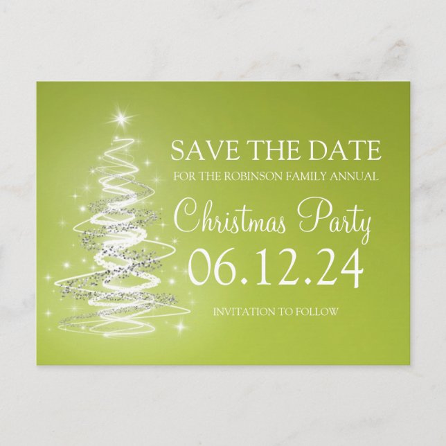 Christmas Party Save The Date Sparkling Tree Green Announcement Postcard (Front)