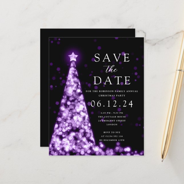 Christmas Party Save The Date Tree Purple Invite (Front/Back In Situ)