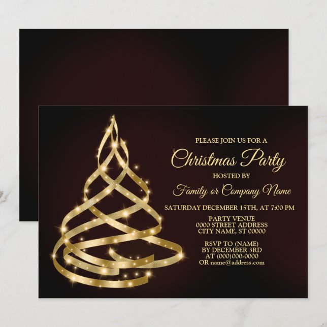 Christmas Party Shiny Golden Ribbon Tree Sparkle Invitation (Front/Back)