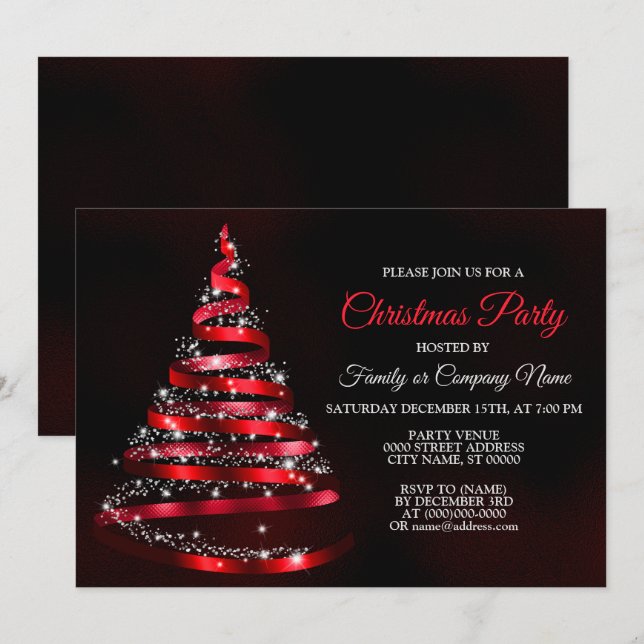 Christmas Party Shiny Red Ribbon Tree Sparkle Invitation (Front/Back)