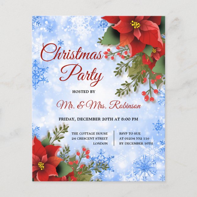 Christmas Party Silver Blue Sparkle Poinsettia  Flyer (Front)