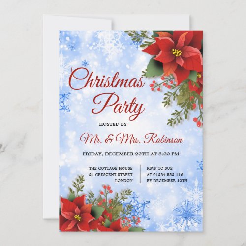 Christmas Party Silver Blue Sparkle Poinsettia  Invitation