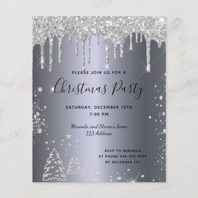 Christmas party silver glitter budget invitation flyer (Front)
