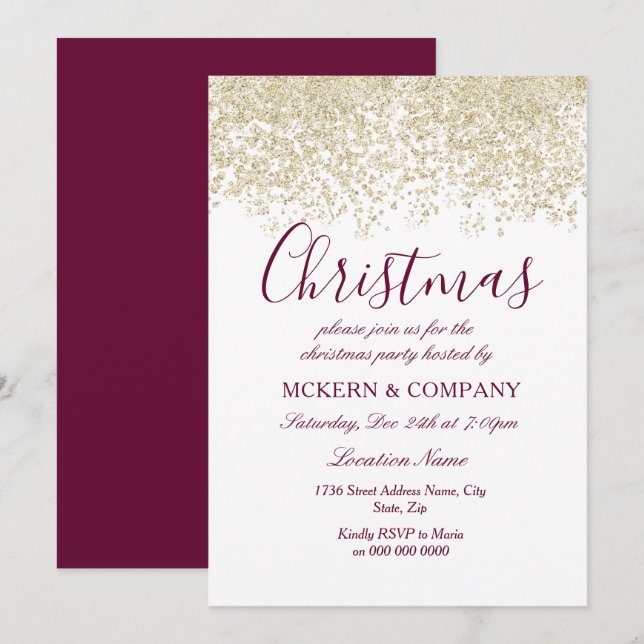 Christmas Party Silver Glitter Burgundy Invitation (Front/Back)