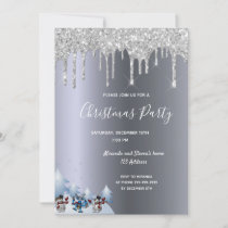 Christmas party silver glitter drip forest snowmen invitation