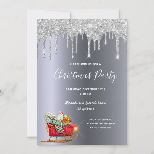 Christmas party silver glitter drips sleigh Santa Invitation