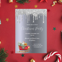 Christmas party silver glitter drips sleigh Santa Invitation