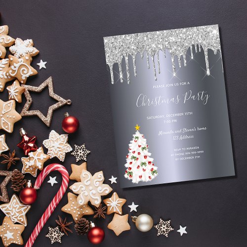 Christmas party silver glitter drips white tree invitation