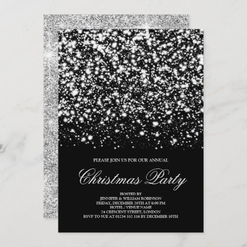 Christmas Party Silver Glitter Glam Elegant Invitation