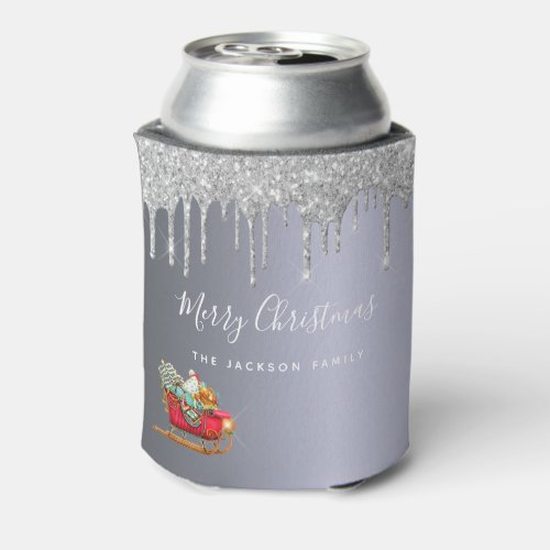 Christmas party silver glitter red sleigh can cooler