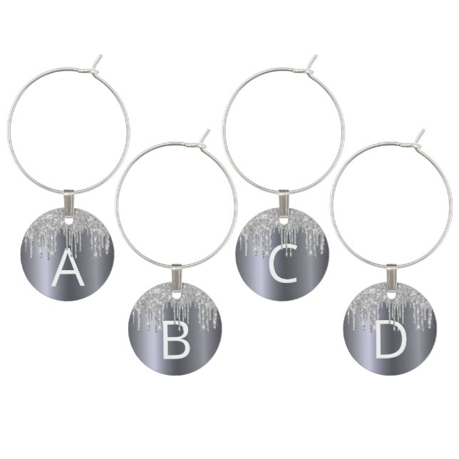 Christmas party silver glitter sparkle monogram wine charm (Staggered)