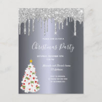 Christmas party silver glitter tree invitation postcard